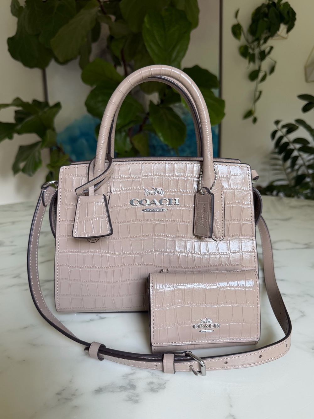 Coach Andrea Carryall Crossbody Bag & Micro Wallet Stone Tan Croc Leather CR105